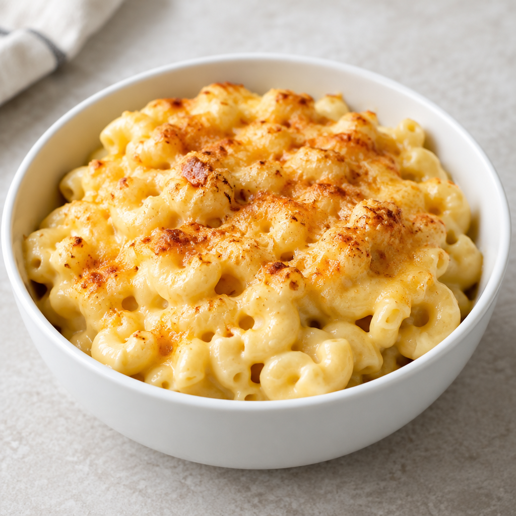 Illustrative square menu photo of creamy macaroni and cheese with a lightly golden top