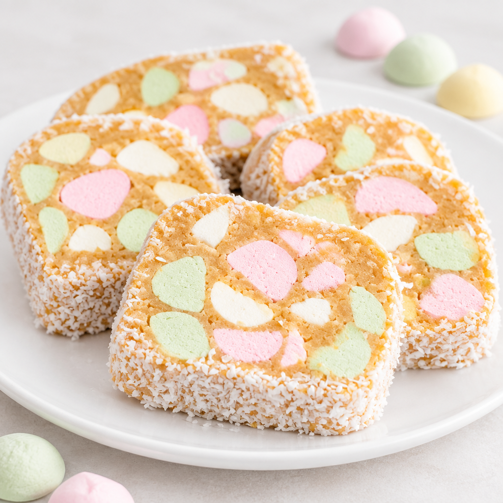 Illustrative square menu photo of New Zealand lolly cake slices with a light golden cake base, pastel fruit puffs, and coconut