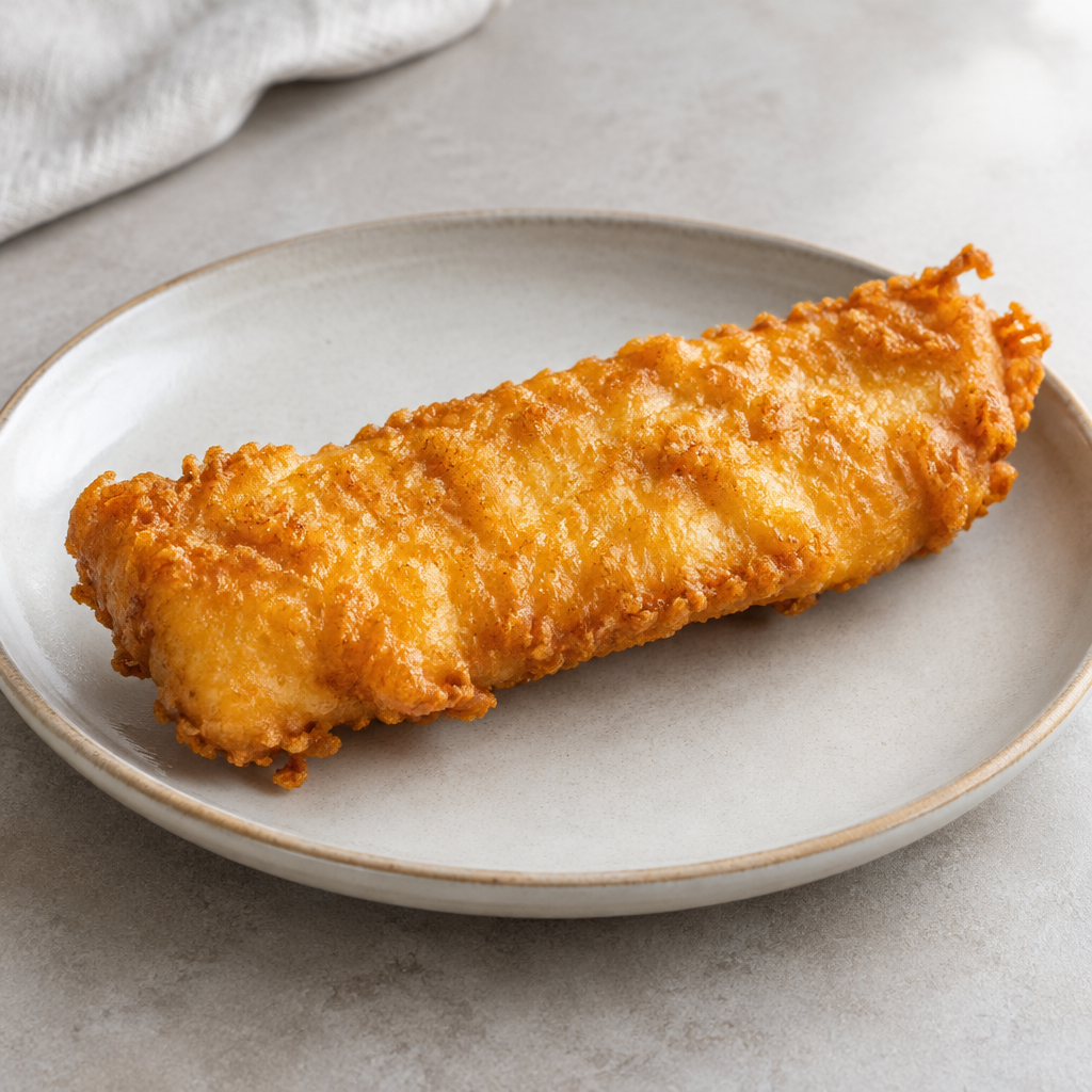 Illustrative image of a crispy battered fish fillet