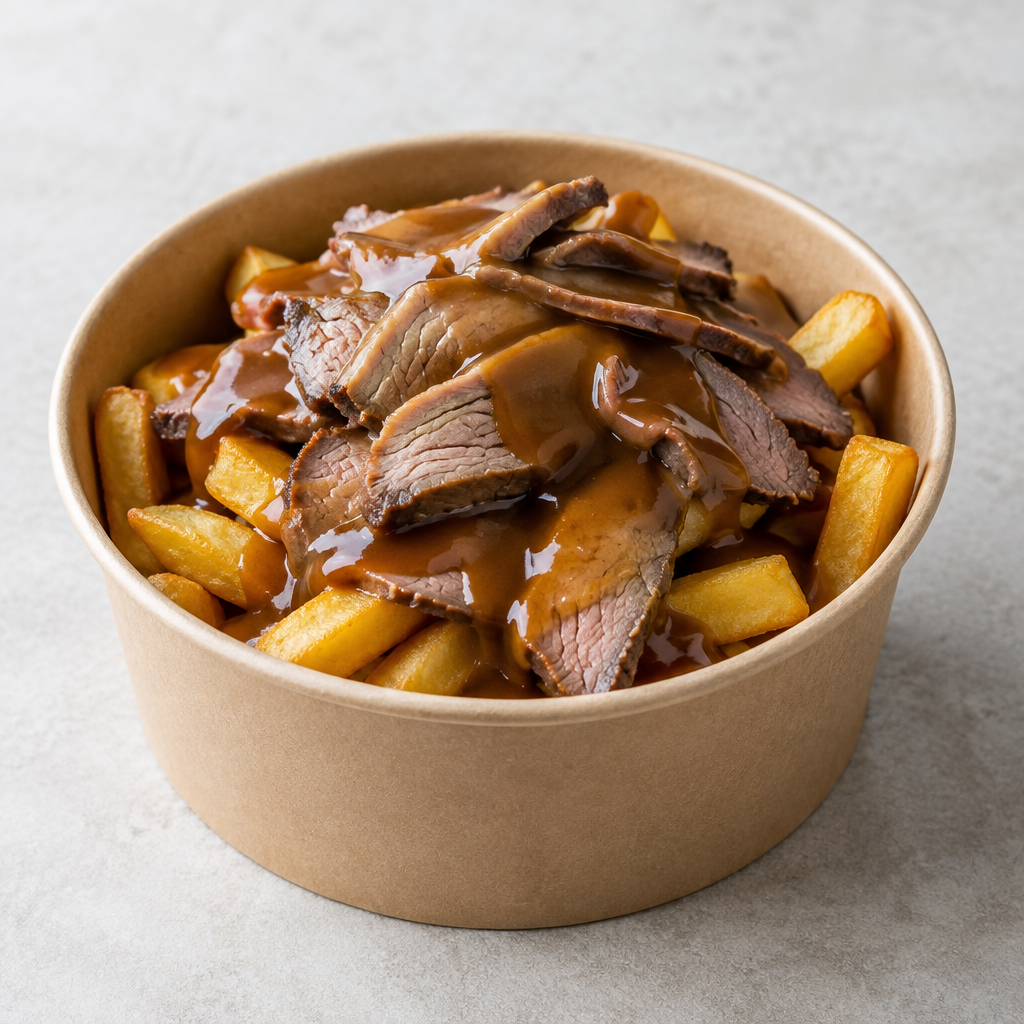 Illustrative image of chips topped with roast beef and gravy