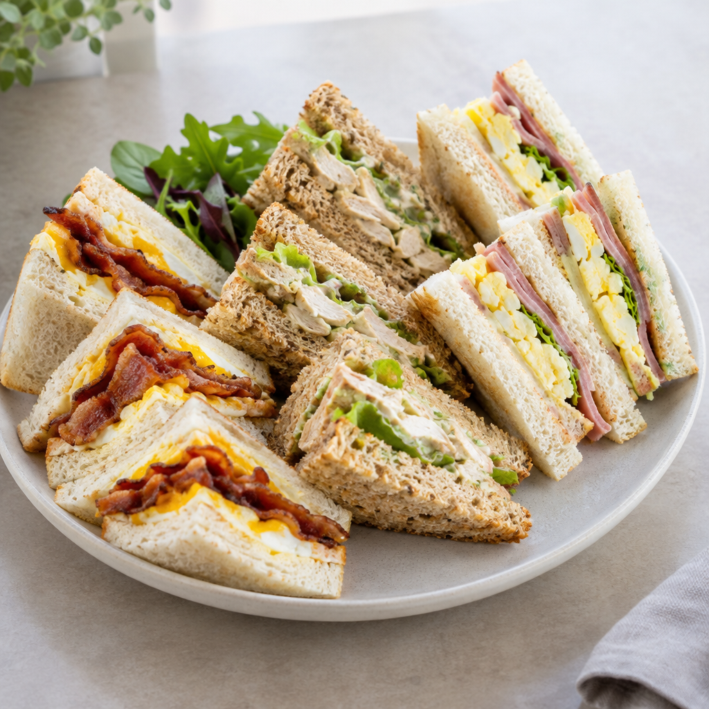 Illustrative square menu photo of assorted sandwiches with bacon and egg, chicken, ham, and egg fillings