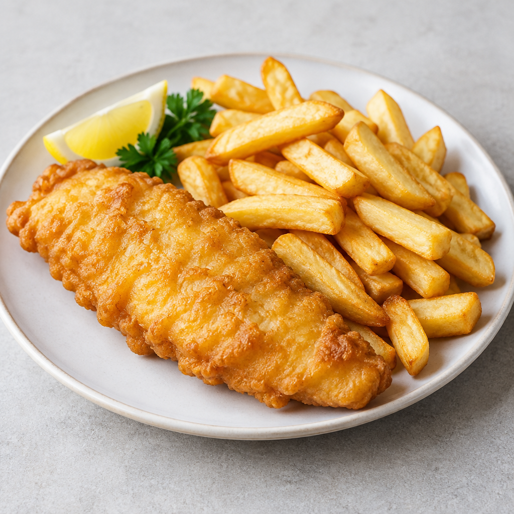 Illustrative image of battered fish with golden chips