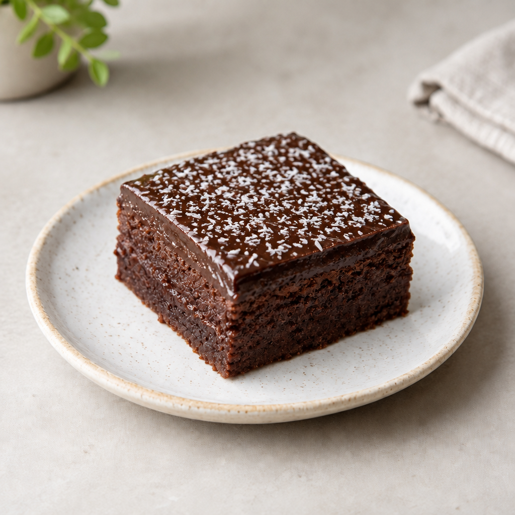 Illustrative image of chocolate slice with coconut sprinkled over the chocolate icing