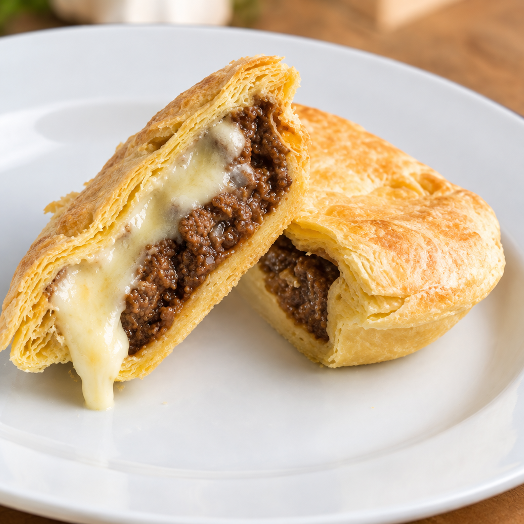 Illustrative square photo of a golden flaky savoury pie cut open to show mince and melted cheese